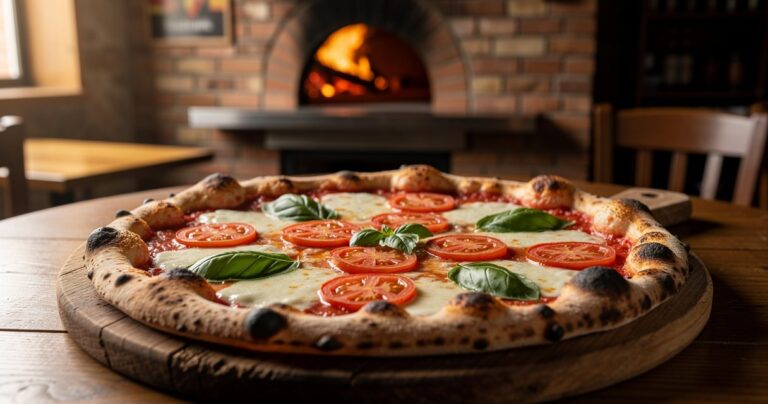 Pizza italienne fraichement sortie du four sur planche en bois dans une pizzeria du Val-de-Marne