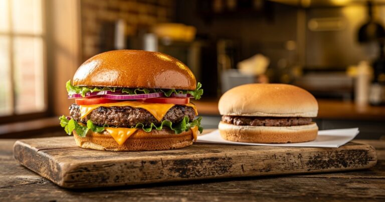 Comparaison visuelle entre un burger artisanal généreux et un burger industriel standardisé