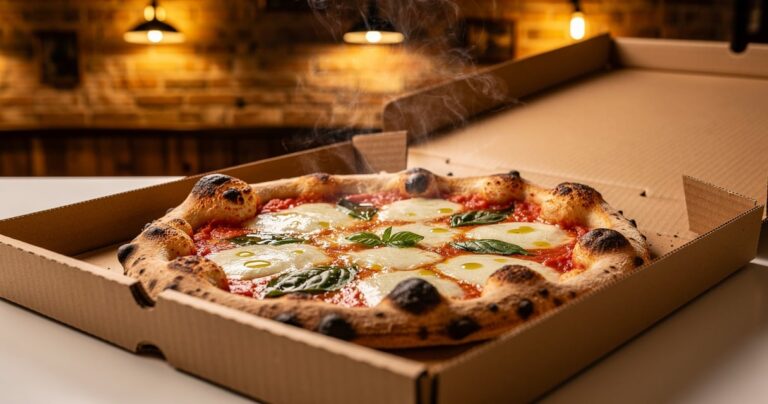 Pizza fraîche prête au retrait sur un comptoir de click and collect