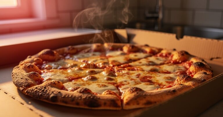 Pizza fraîchement livrée dans son carton ouvert avec du fromage fondu