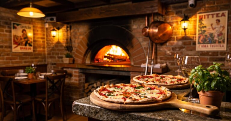 Intérieur chaleureux d'une pizzeria avec four à bois à Champigny-sur-Marne