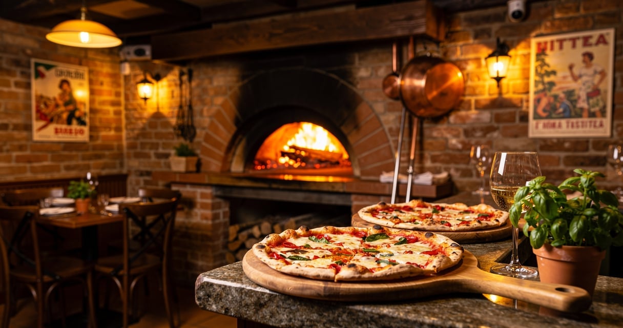 Intérieur chaleureux d'une pizzeria avec four à bois à Champigny-sur-Marne