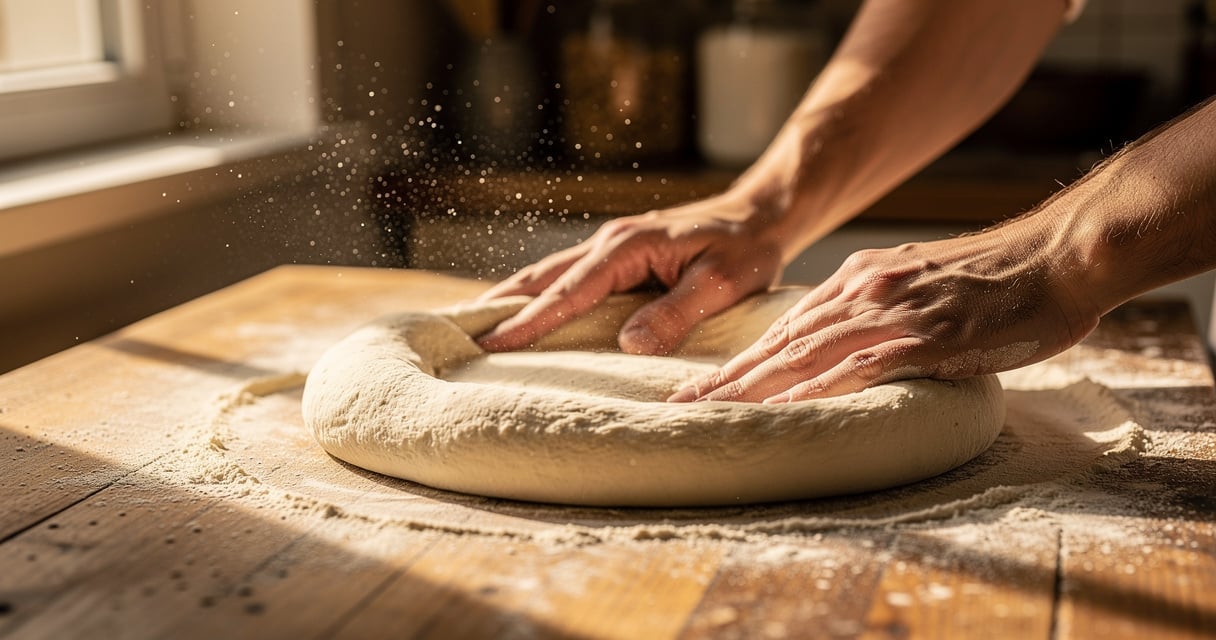 Pâte à pizza croustillante étalée à la main sur un plan de travail fariné