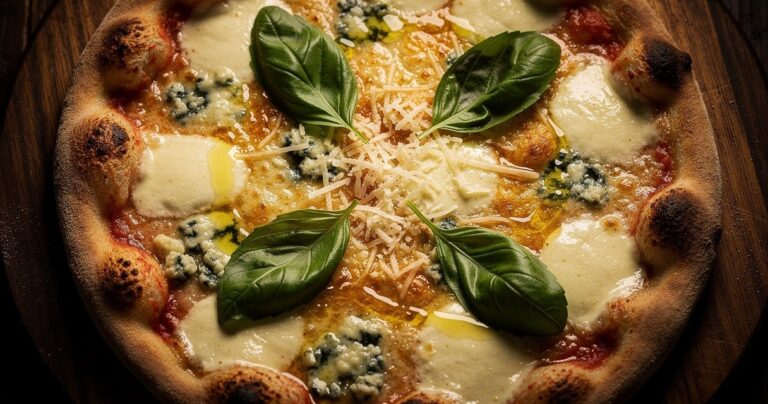Pizza 4 fromages dorée sur une planche en bois avec basilic et huile d'olive