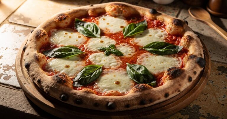 Pizza margherita artisanale sortie du four avec mozzarella fondante et basilic frais