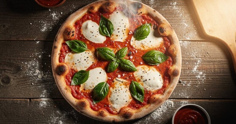 Pizza Margherita classique vue de dessus sur plan de travail en bois