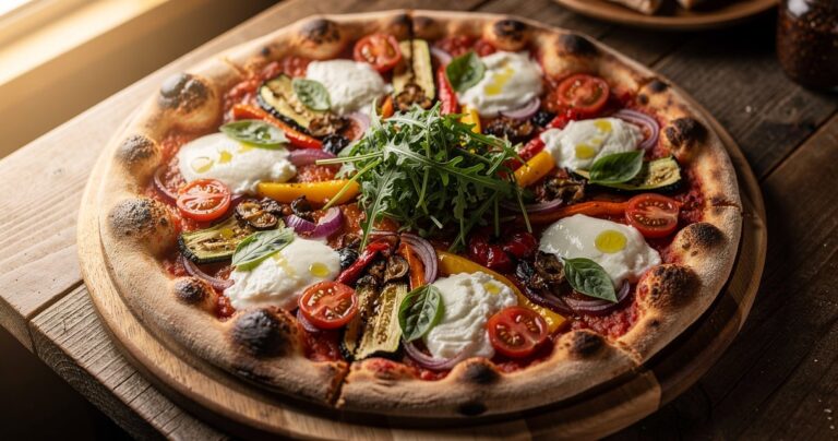 Pizza végétarienne garnie de légumes grillés, mozzarella et roquette sur une planche en bois