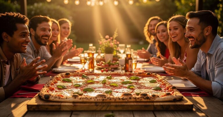 Grande pizza XXL rectangulaire au centre d une table conviviale avec un groupe d amis