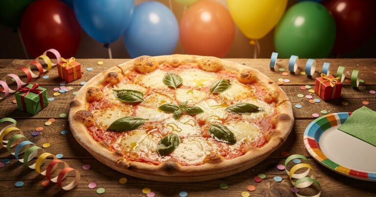 Pizza garnie sur une table décorée pour un anniversaire avec ballons et guirlandes