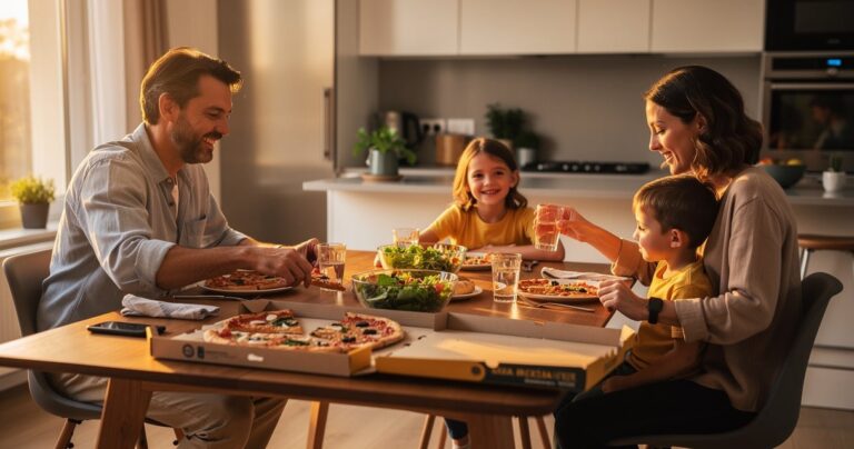 Famille de quatre personnes partageant un repas livré autour de la table à la maison