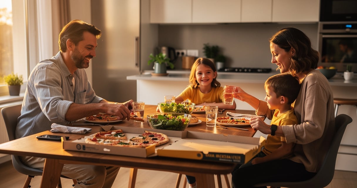 Famille de quatre personnes partageant un repas livré autour de la table à la maison