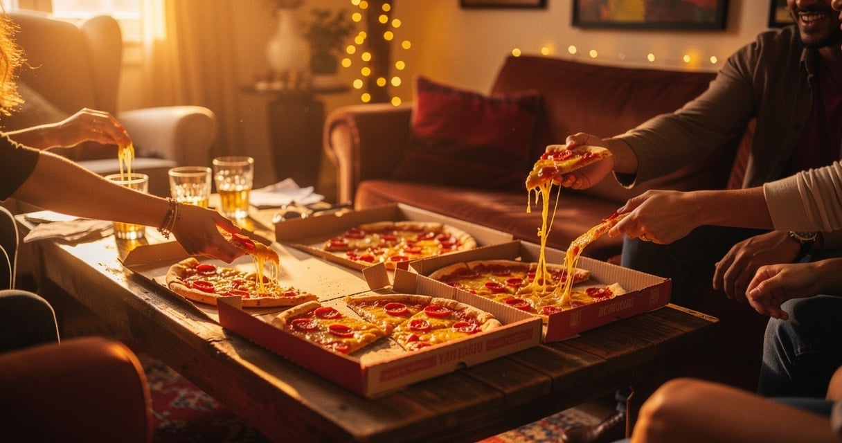 Soirée pizza réussie entre amis autour d une table basse avec plusieurs cartons ouverts