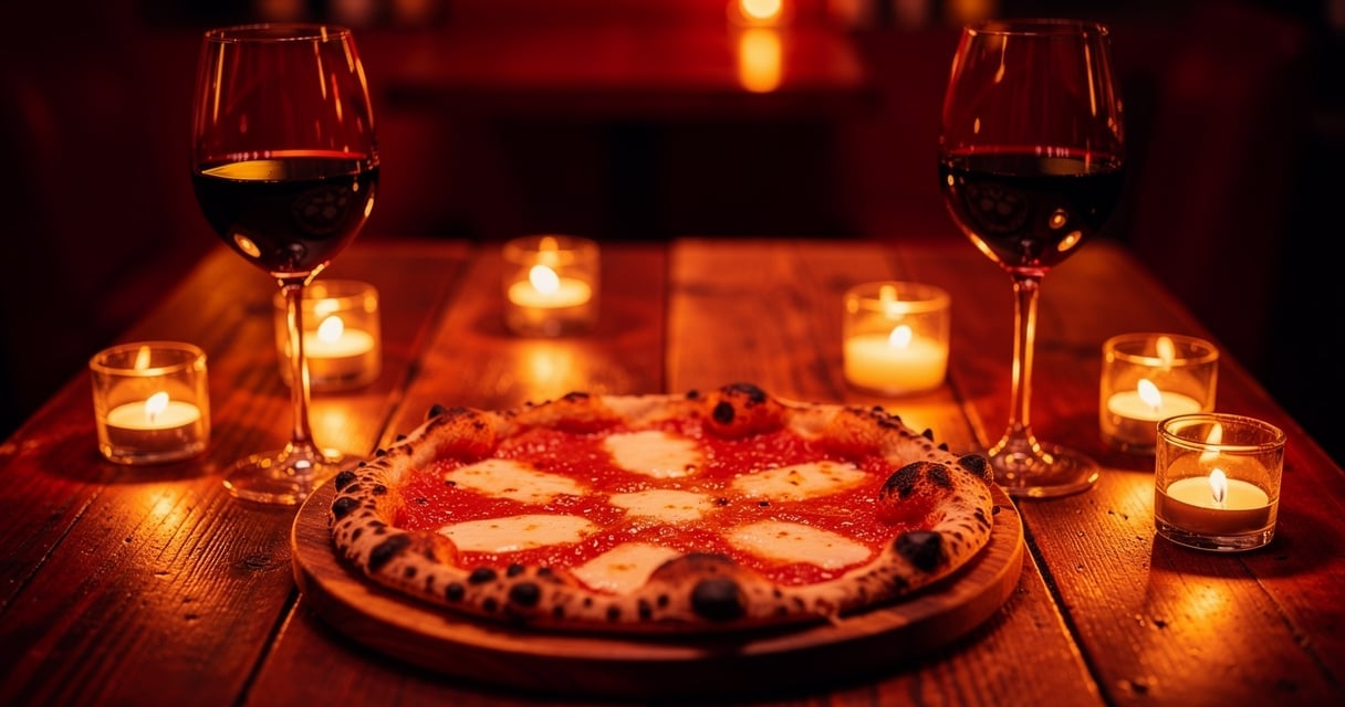 Table dressée pour une soirée romantique avec pizza maison, deux verres de vin rouge et bougies allumées