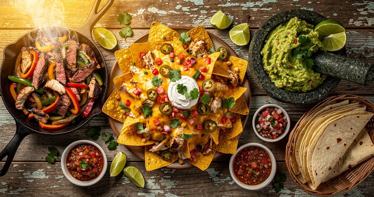 Table garnie de plats tex-mex : nachos au fromage fondu, fajitas et guacamole